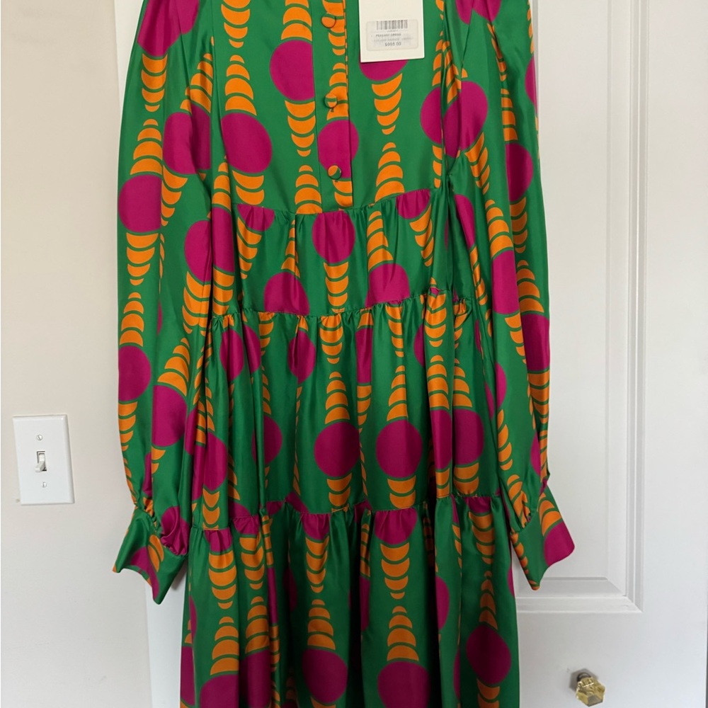 LA DoubleJ Green Long-Sleeve Tiered Midi Dress with Pink & Orange Graphic Motif